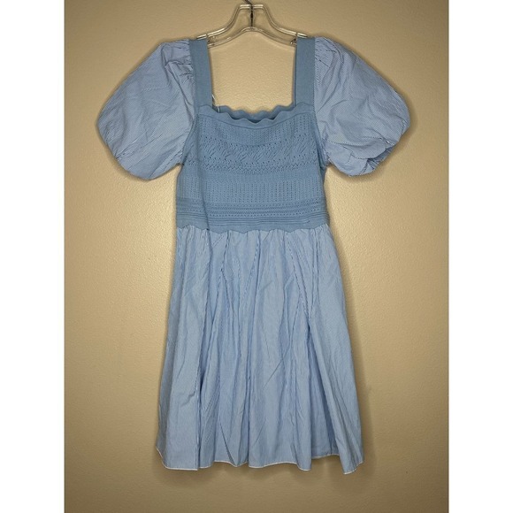 Urban Revivo mini smock dress with full skirt and knitted layer in blue Size 10 - Picture 2 of 10